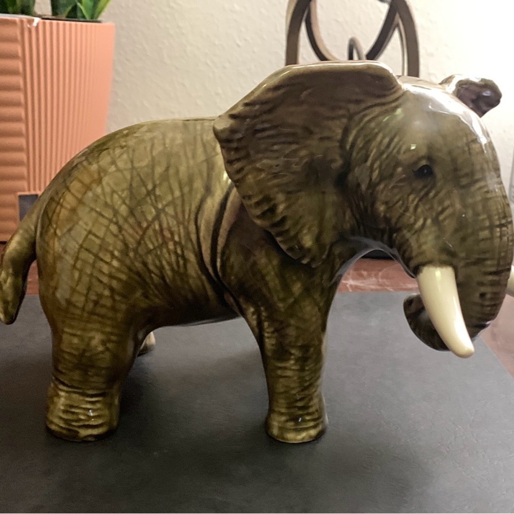 Green and Gray Elephant Ceramic Sculpture with Textured Finish